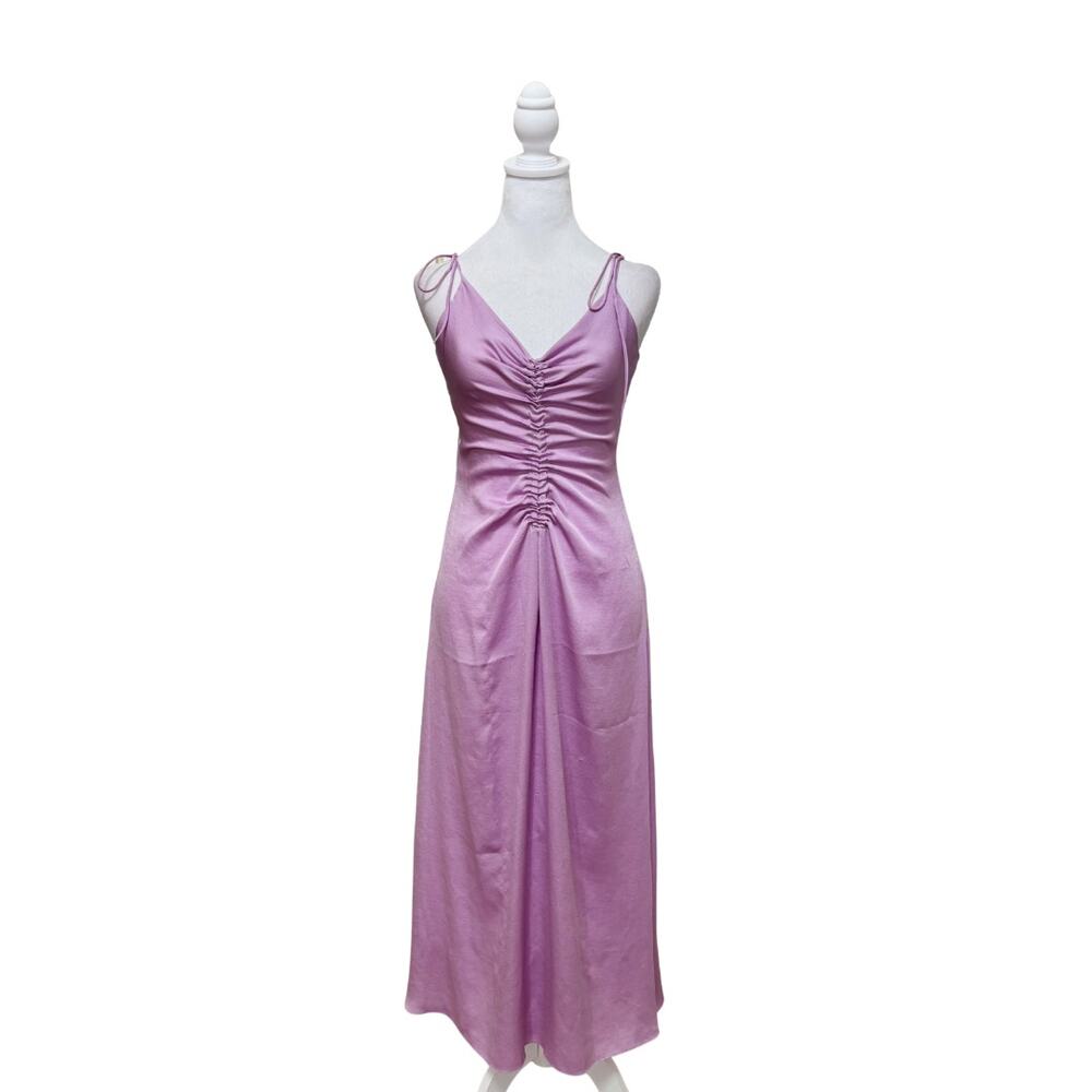 Sandro Ruched Tie-Strap Satin Midi Dress 4 Purple - Picture 3 of 9